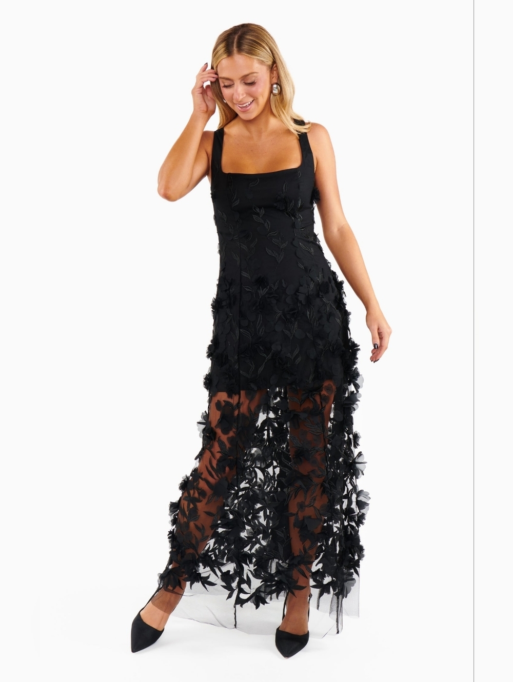 Show Me Your Mumu Stephanie Black 3D Floral Dress M Wedding Party Prom Formal - Picture 7 of 12
